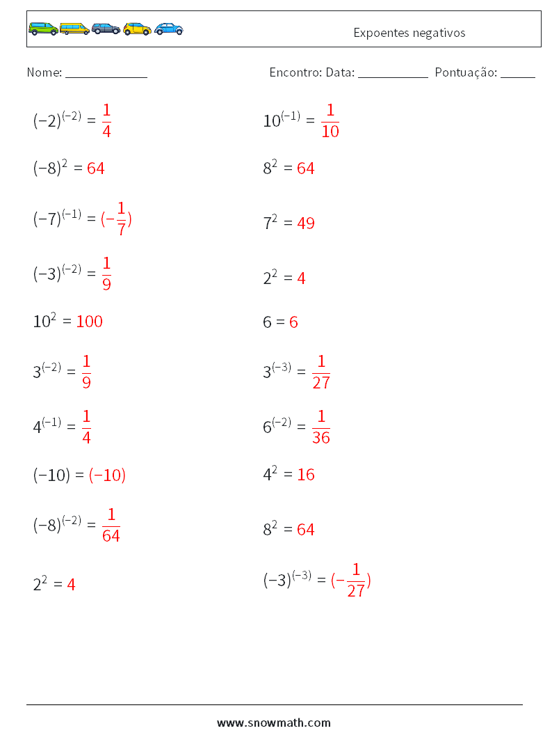  Expoentes negativos planilhas matemáticas 2 Pergunta, Resposta
