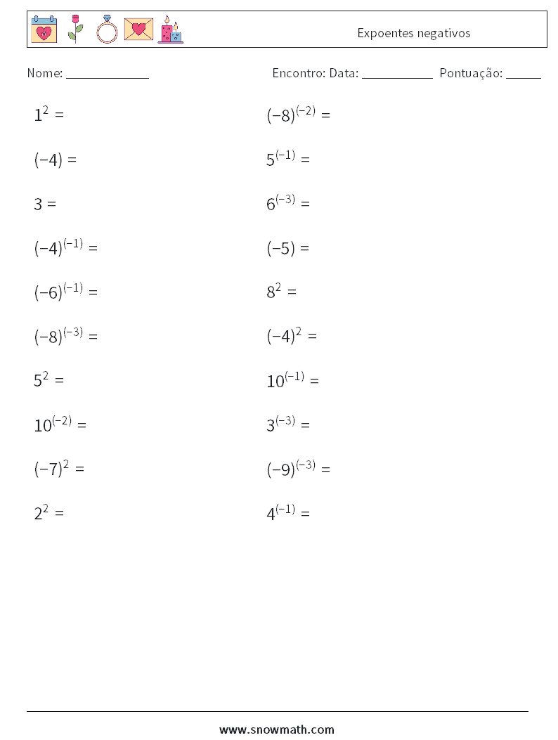  Expoentes negativos planilhas matemáticas 3