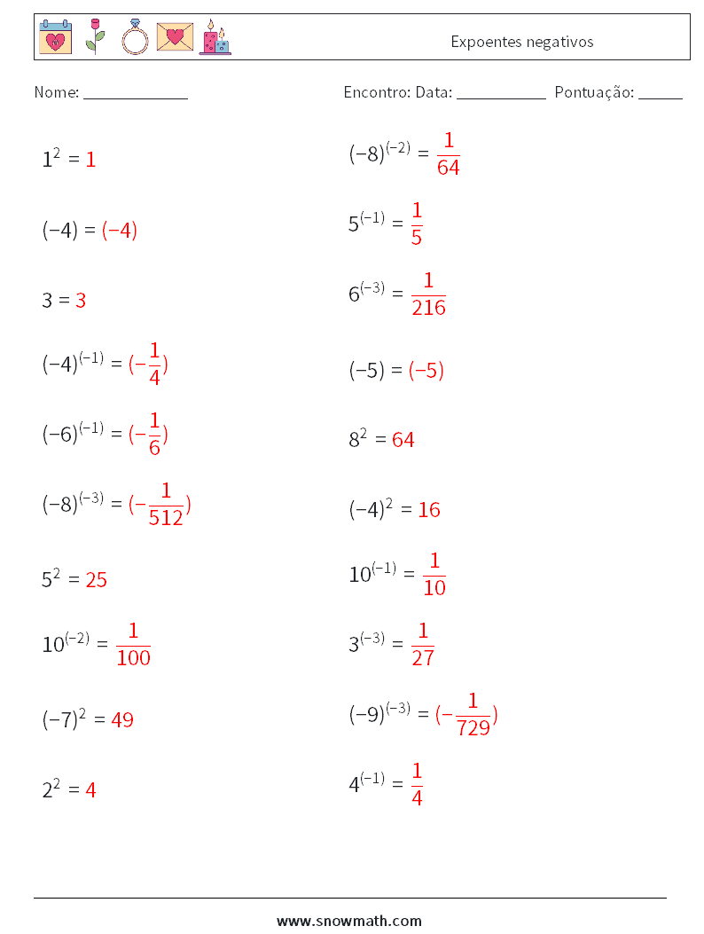  Expoentes negativos planilhas matemáticas 3 Pergunta, Resposta