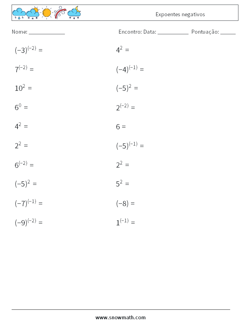  Expoentes negativos planilhas matemáticas 4