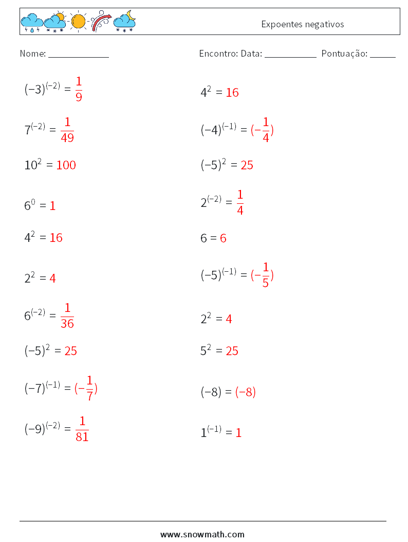  Expoentes negativos planilhas matemáticas 4 Pergunta, Resposta