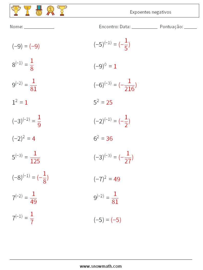  Expoentes negativos planilhas matemáticas 5 Pergunta, Resposta