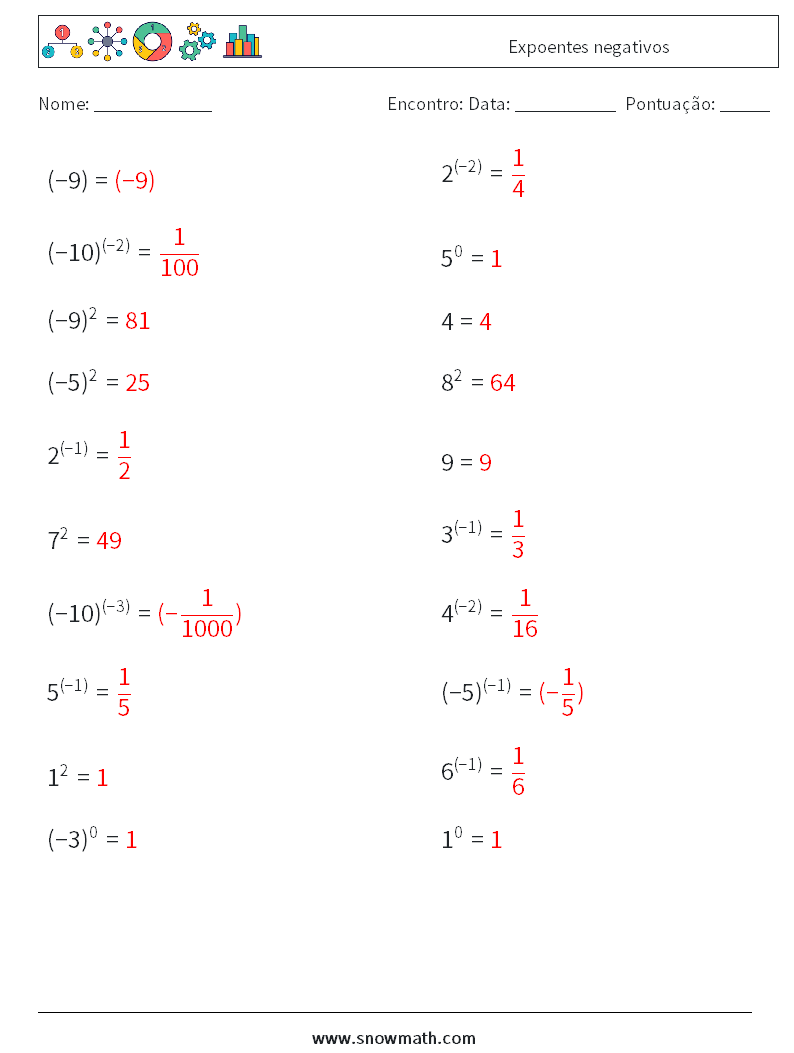  Expoentes negativos planilhas matemáticas 6 Pergunta, Resposta