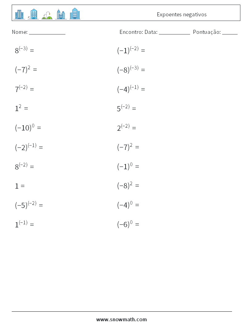  Expoentes negativos planilhas matemáticas 7