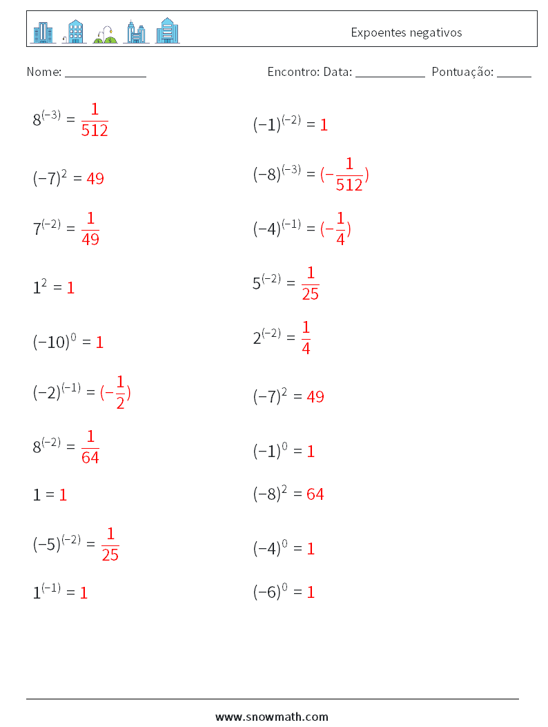  Expoentes negativos planilhas matemáticas 7 Pergunta, Resposta