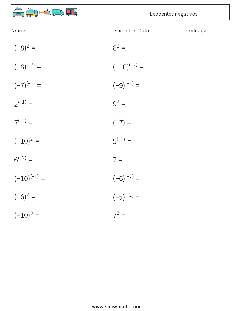  Expoentes negativos planilhas matemáticas 8