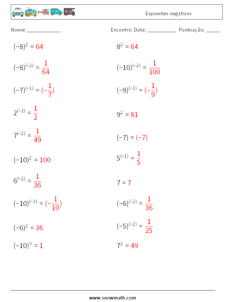  Expoentes negativos planilhas matemáticas 8 Pergunta, Resposta