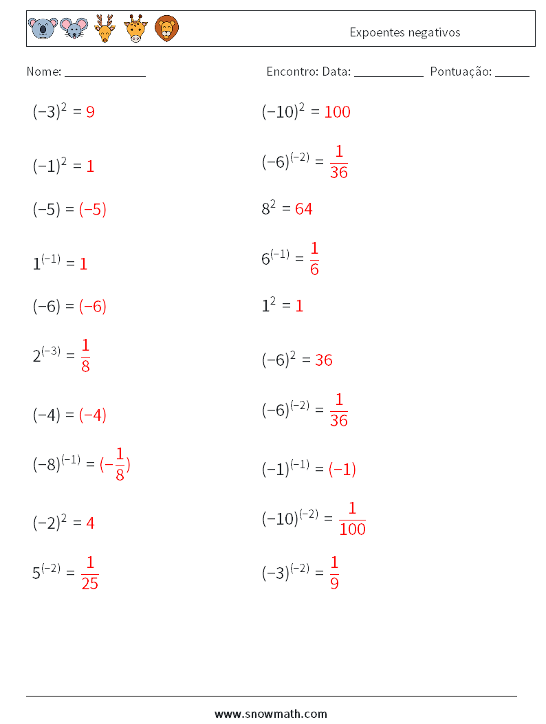  Expoentes negativos planilhas matemáticas 9 Pergunta, Resposta