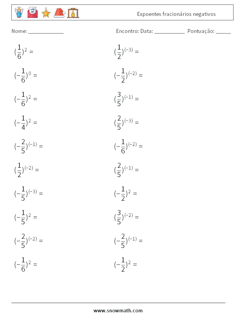 Expoentes fracionários negativos planilhas matemáticas 1