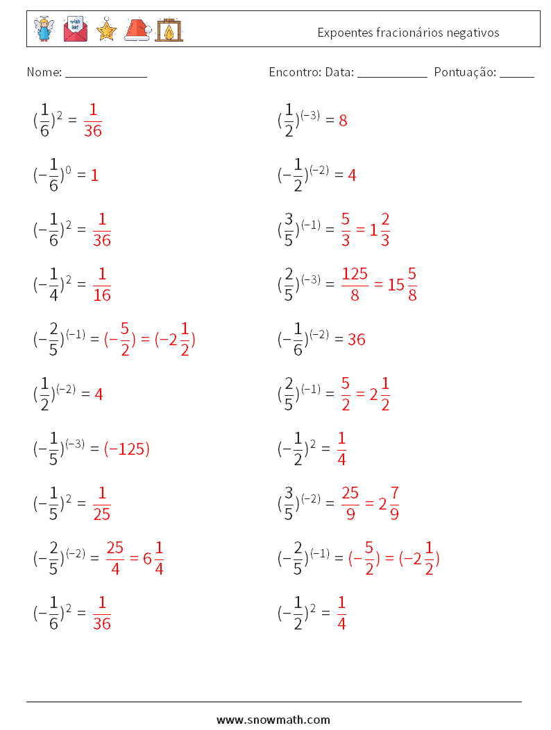 Expoentes fracionários negativos planilhas matemáticas 1 Pergunta, Resposta