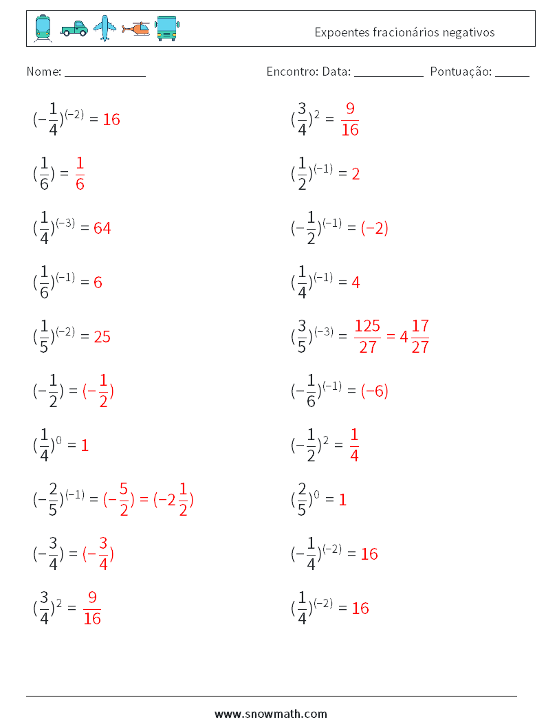 Expoentes fracionários negativos planilhas matemáticas 2 Pergunta, Resposta