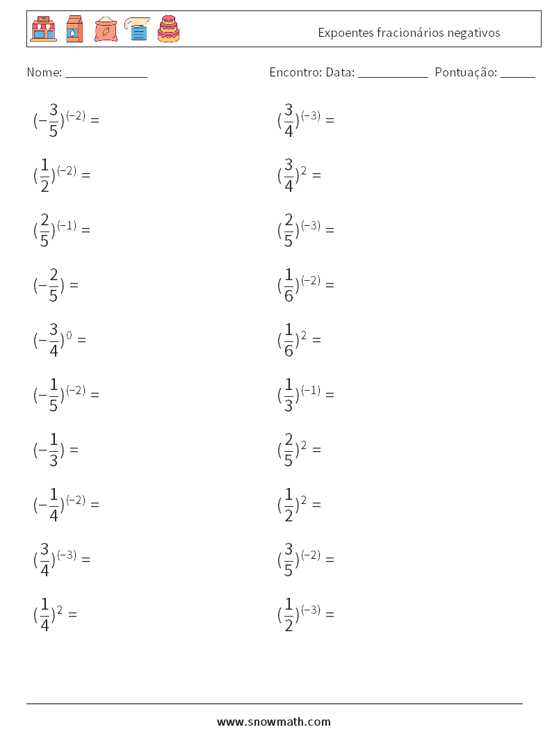 Expoentes fracionários negativos planilhas matemáticas 3