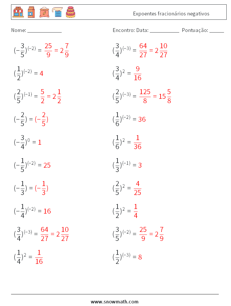 Expoentes fracionários negativos planilhas matemáticas 3 Pergunta, Resposta