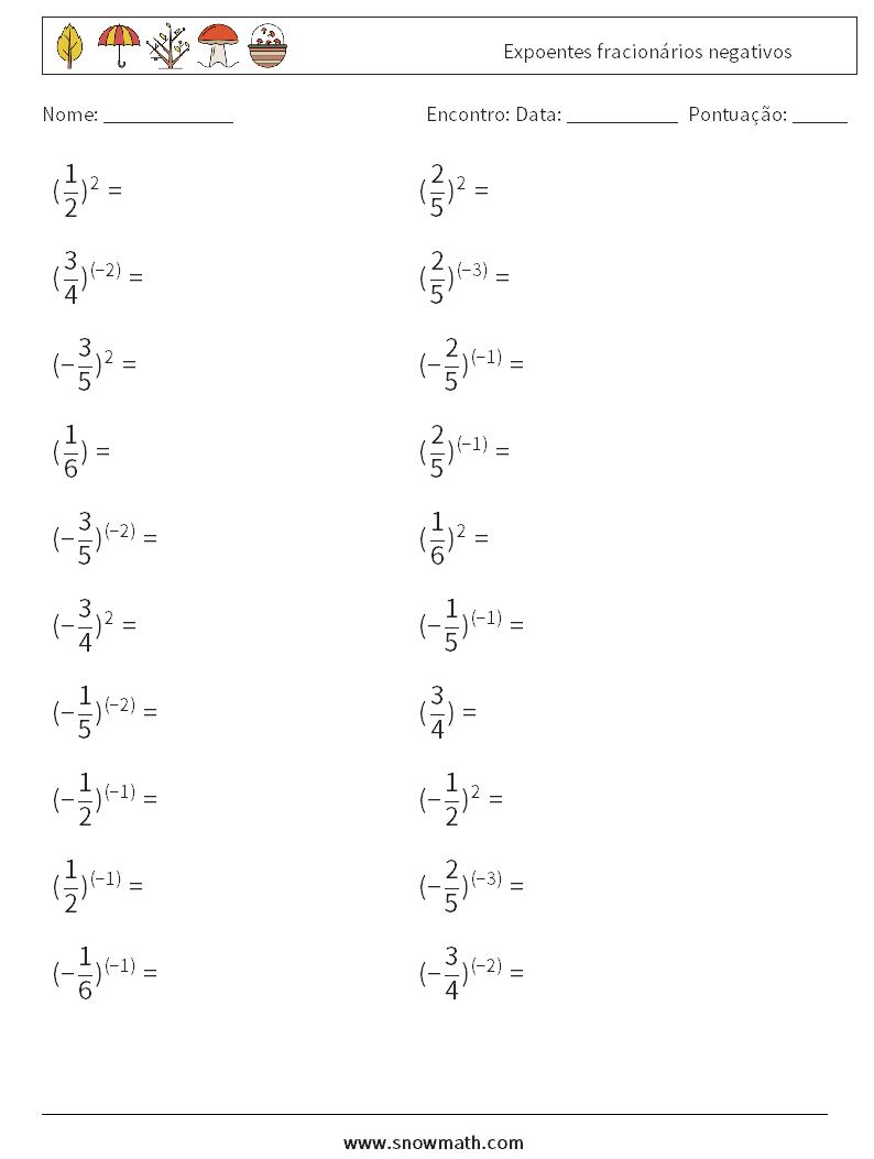 Expoentes fracionários negativos planilhas matemáticas 4