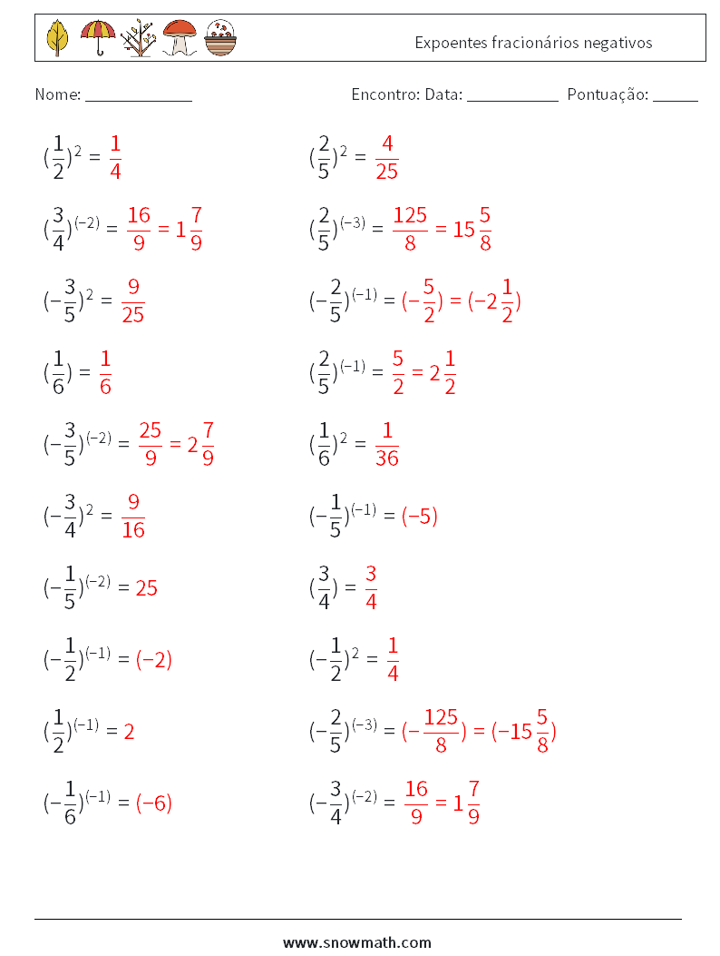 Expoentes fracionários negativos planilhas matemáticas 4 Pergunta, Resposta