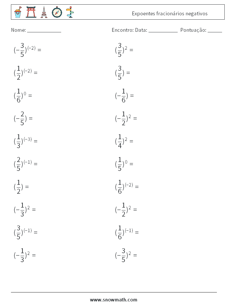 Expoentes fracionários negativos planilhas matemáticas 5