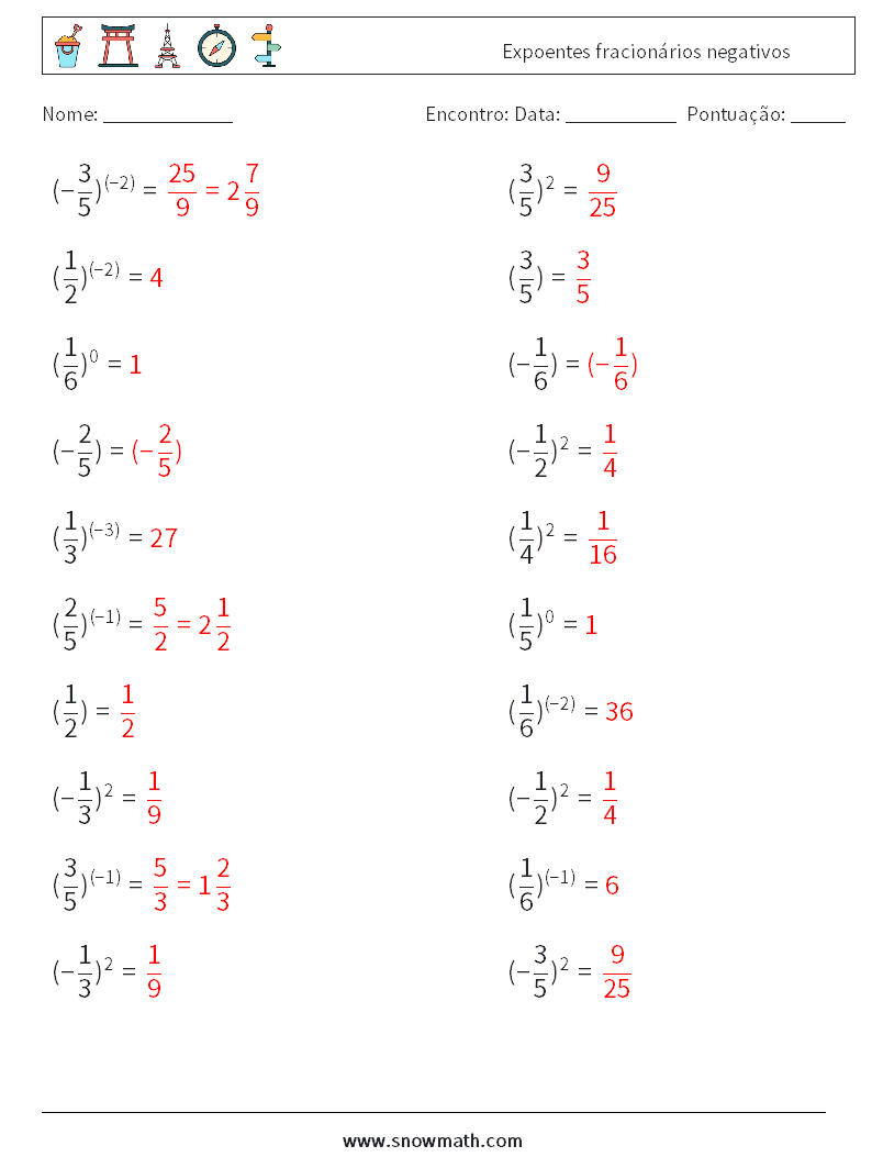 Expoentes fracionários negativos planilhas matemáticas 5 Pergunta, Resposta