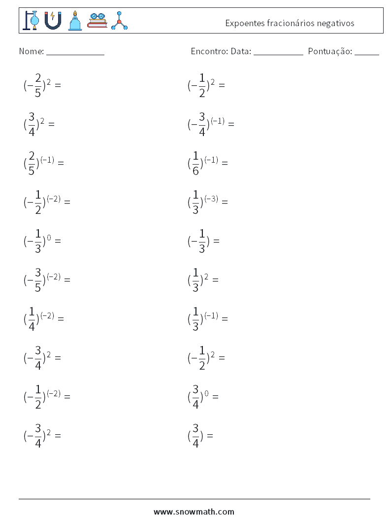 Expoentes fracionários negativos planilhas matemáticas 6