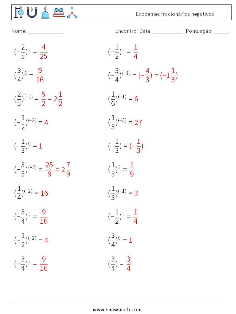 Expoentes fracionários negativos planilhas matemáticas 6 Pergunta, Resposta
