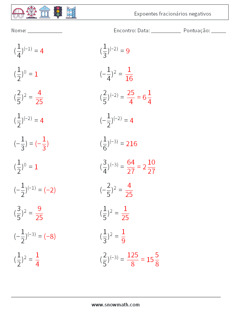 Expoentes fracionários negativos planilhas matemáticas 7 Pergunta, Resposta