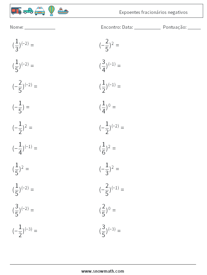 Expoentes fracionários negativos planilhas matemáticas 8