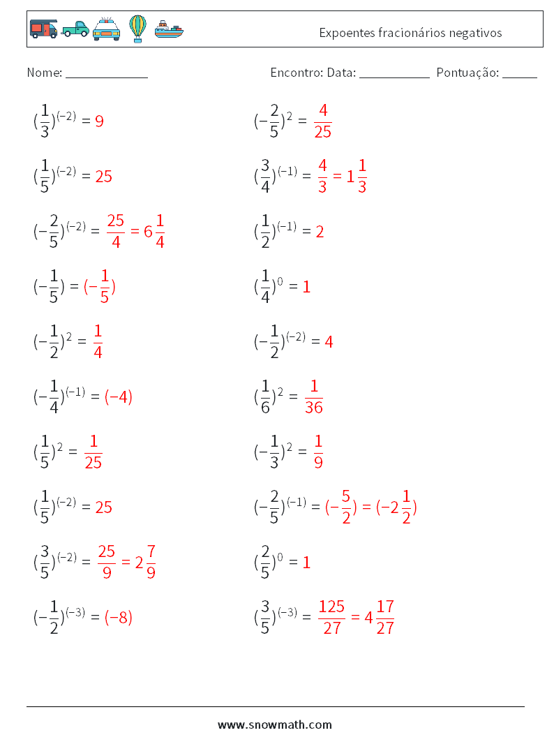 Expoentes fracionários negativos planilhas matemáticas 8 Pergunta, Resposta