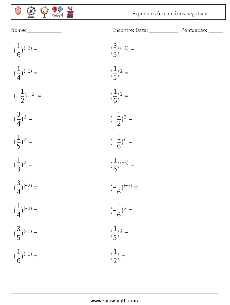 Expoentes fracionários negativos planilhas matemáticas 9