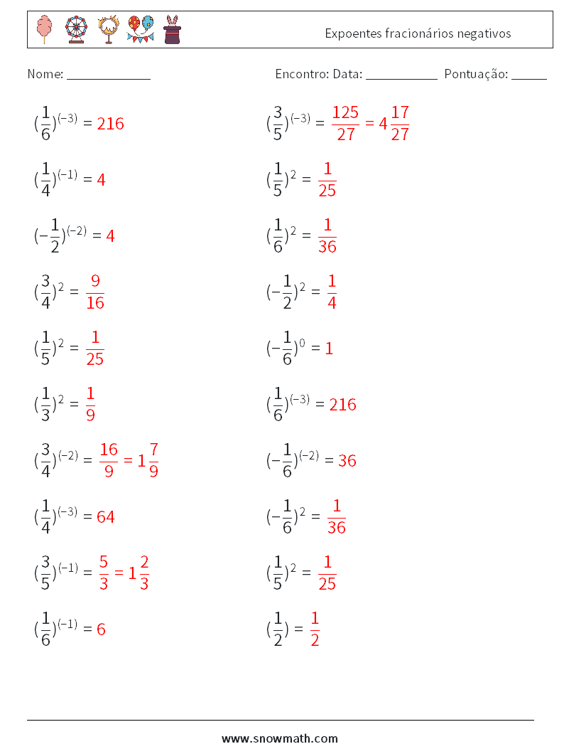 Expoentes fracionários negativos planilhas matemáticas 9 Pergunta, Resposta