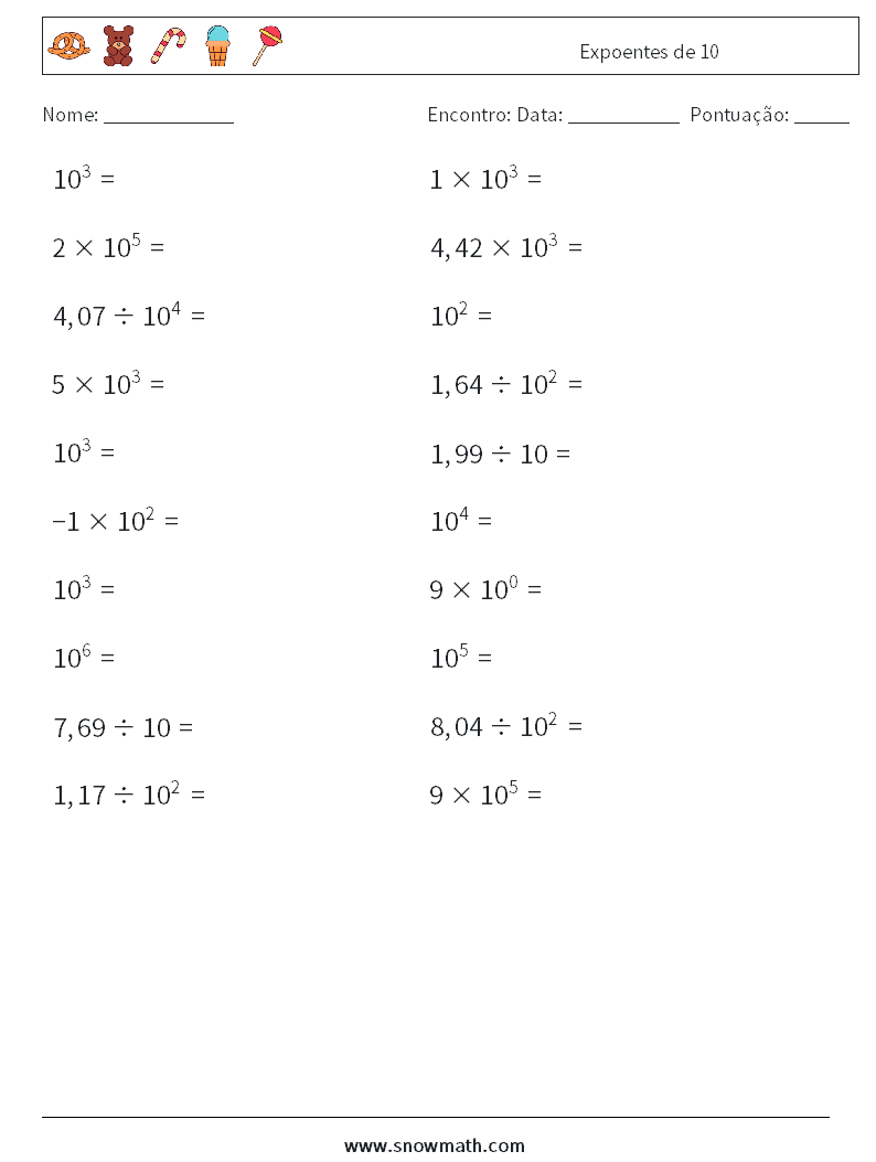 Expoentes de 10 planilhas matemáticas 1