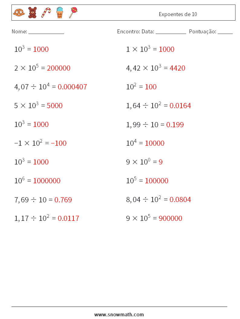 Expoentes de 10 planilhas matemáticas 1 Pergunta, Resposta