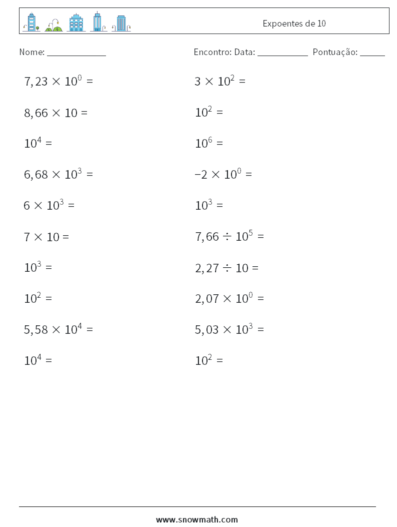 Expoentes de 10 planilhas matemáticas 2