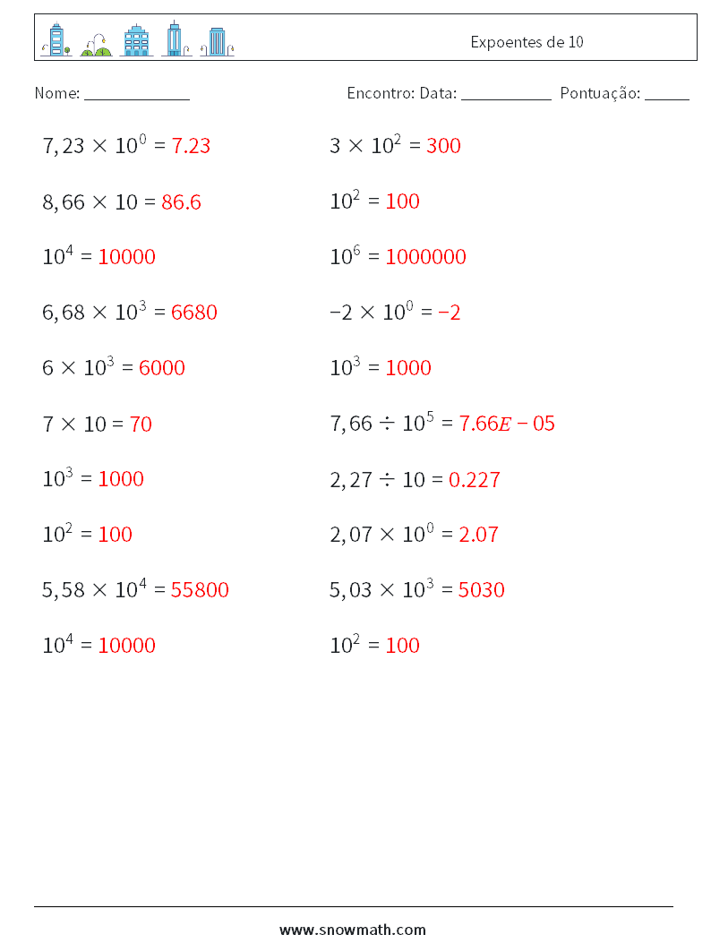 Expoentes de 10 planilhas matemáticas 2 Pergunta, Resposta