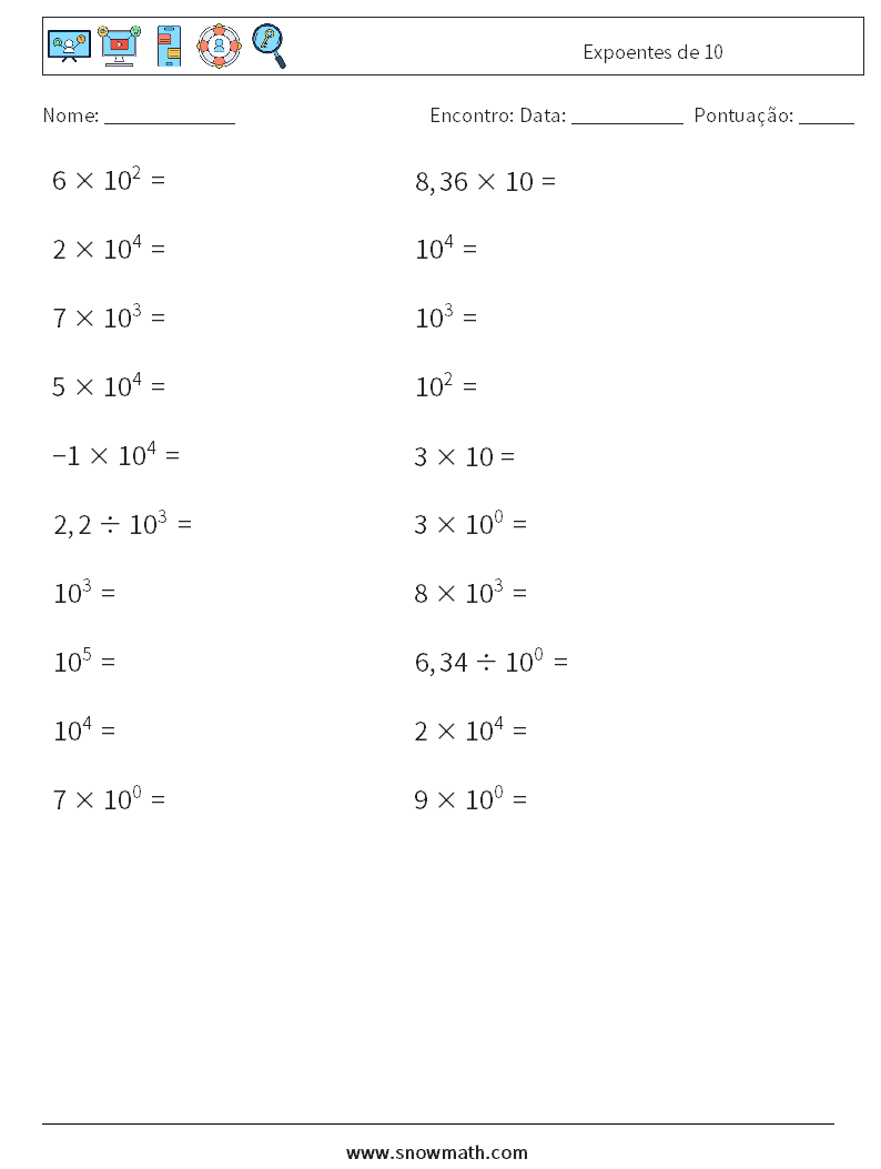 Expoentes de 10 planilhas matemáticas 3