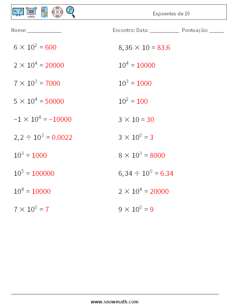 Expoentes de 10 planilhas matemáticas 3 Pergunta, Resposta