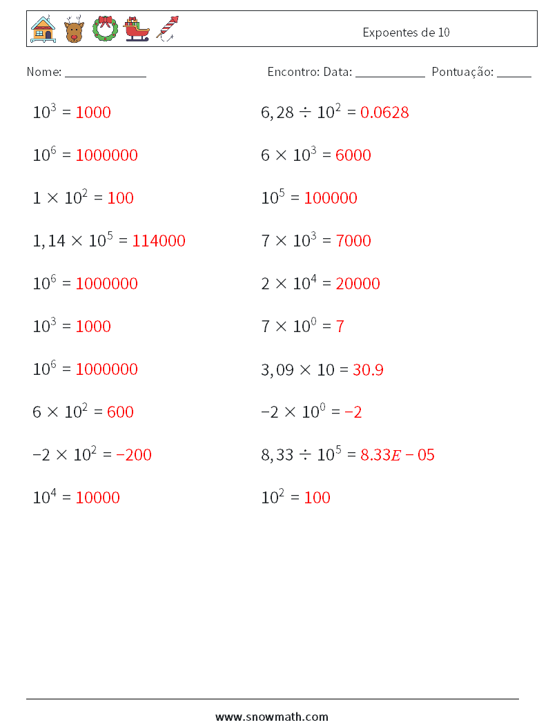 Expoentes de 10 planilhas matemáticas 4 Pergunta, Resposta