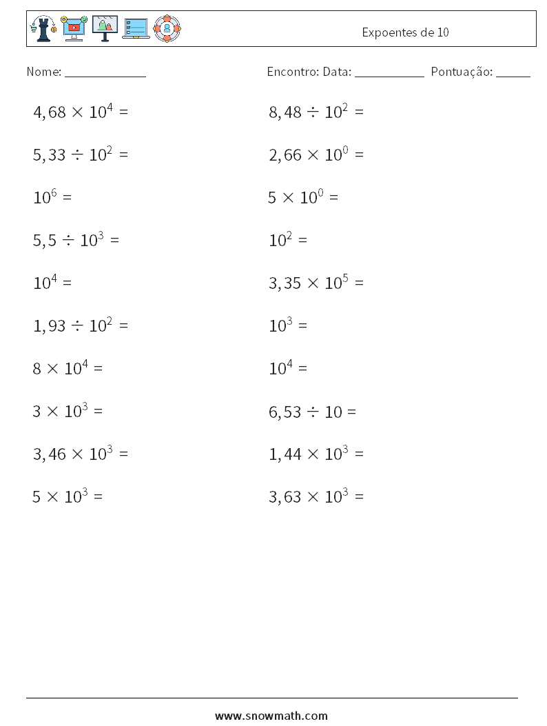 Expoentes de 10 planilhas matemáticas 5