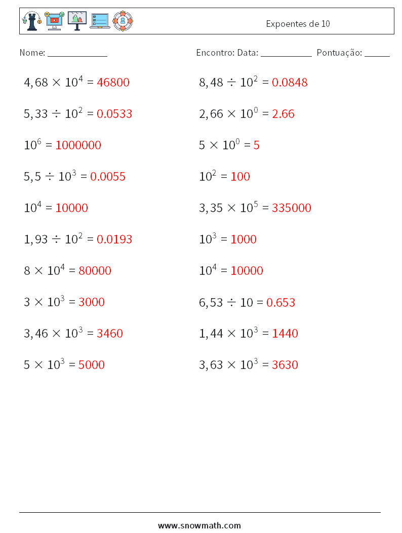 Expoentes de 10 planilhas matemáticas 5 Pergunta, Resposta