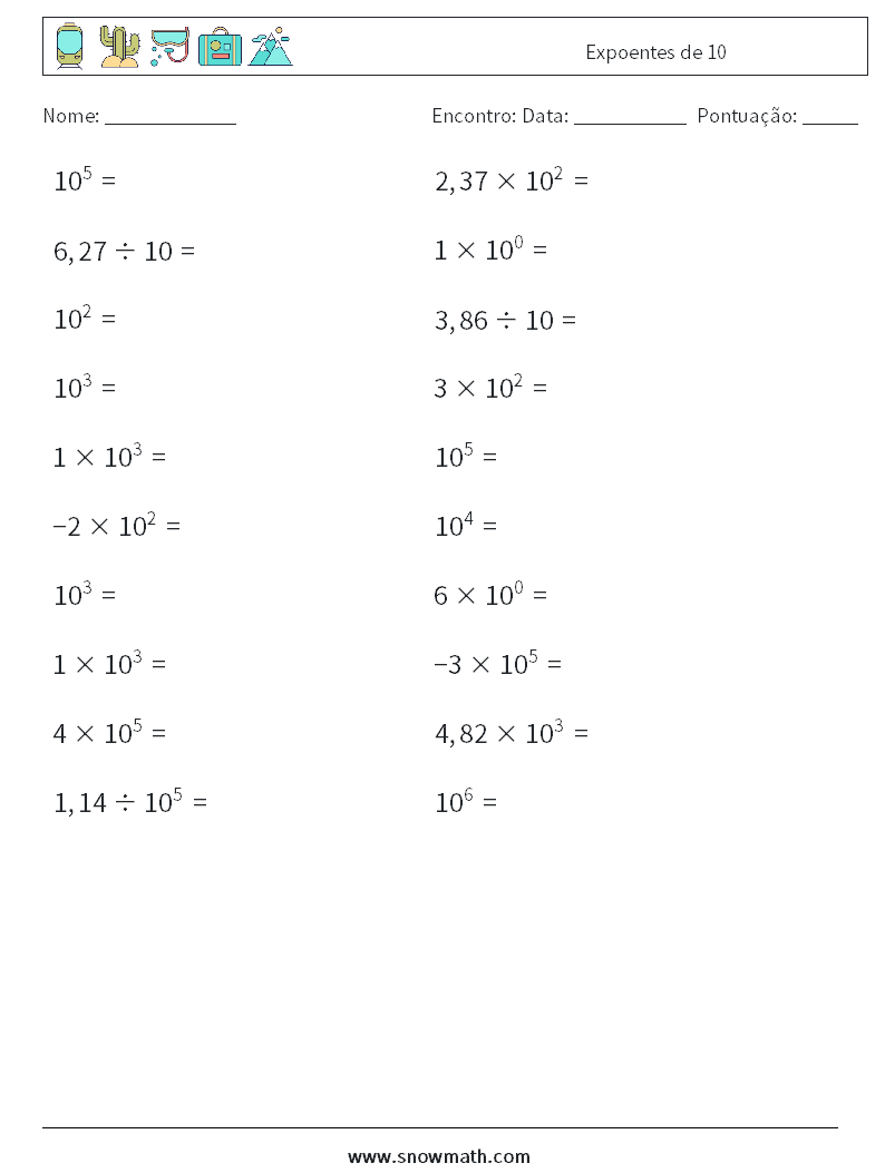 Expoentes de 10 planilhas matemáticas 6