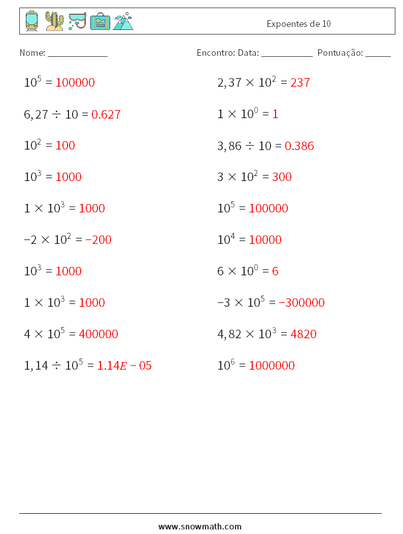 Expoentes de 10 planilhas matemáticas 6 Pergunta, Resposta