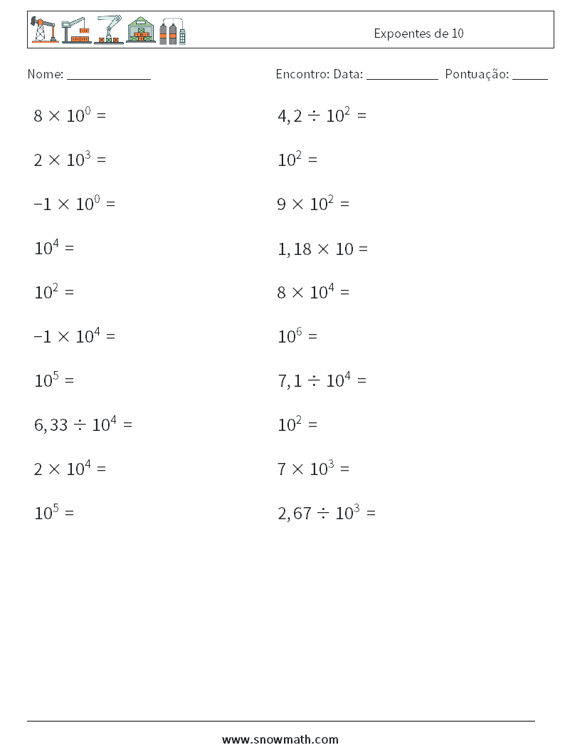 Expoentes de 10 planilhas matemáticas 7