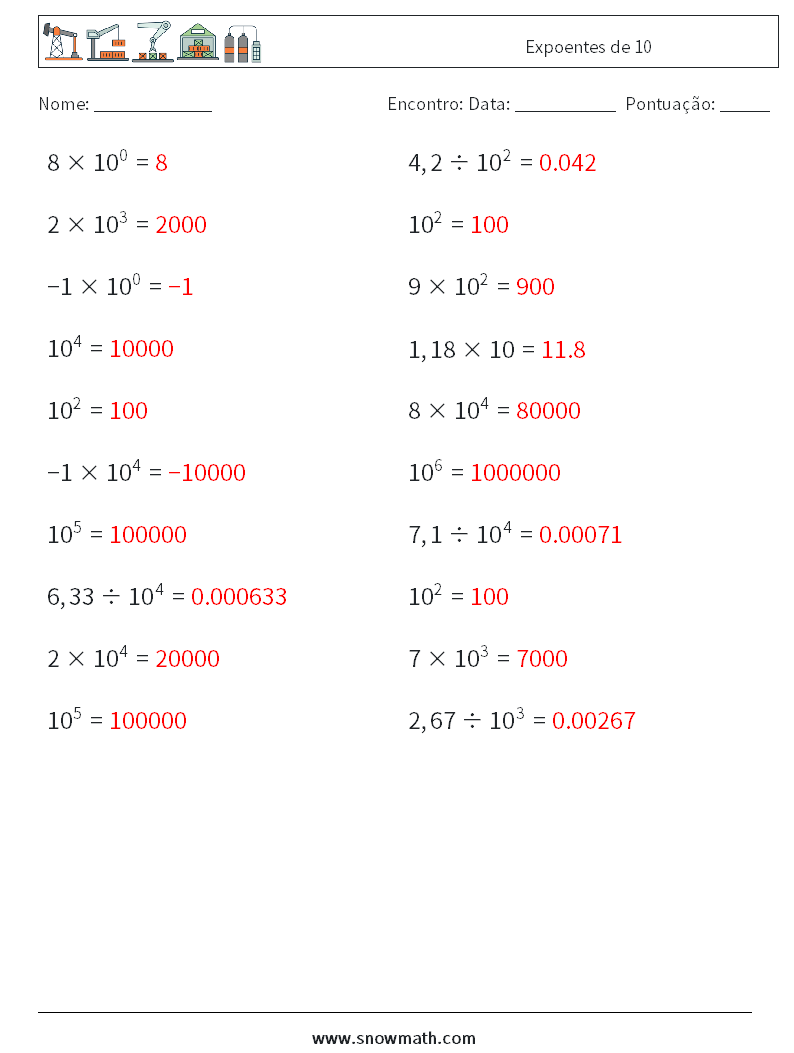 Expoentes de 10 planilhas matemáticas 7 Pergunta, Resposta