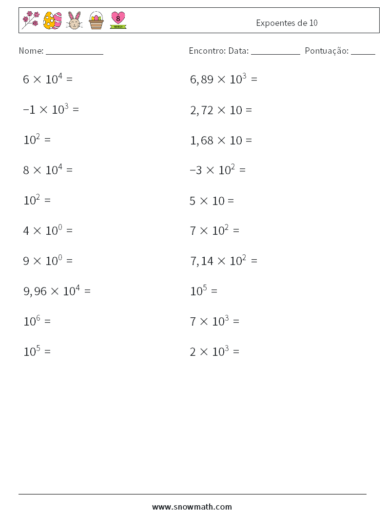 Expoentes de 10 planilhas matemáticas 8