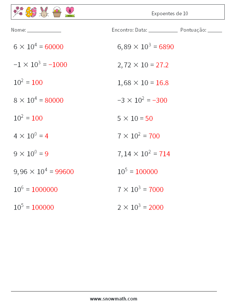 Expoentes de 10 planilhas matemáticas 8 Pergunta, Resposta