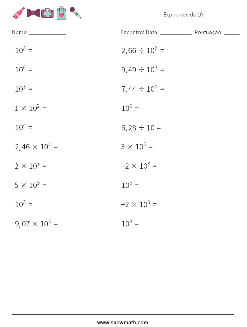 Expoentes de 10 planilhas matemáticas 9