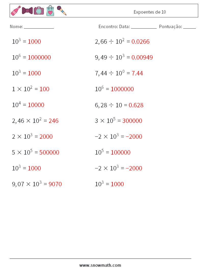 Expoentes de 10 planilhas matemáticas 9 Pergunta, Resposta