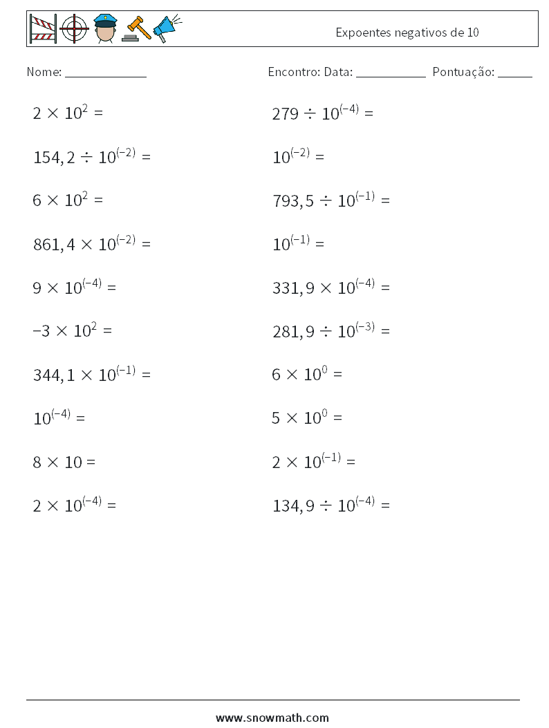 Expoentes negativos de 10 planilhas matemáticas 1