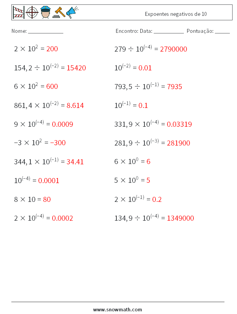 Expoentes negativos de 10 planilhas matemáticas 1 Pergunta, Resposta