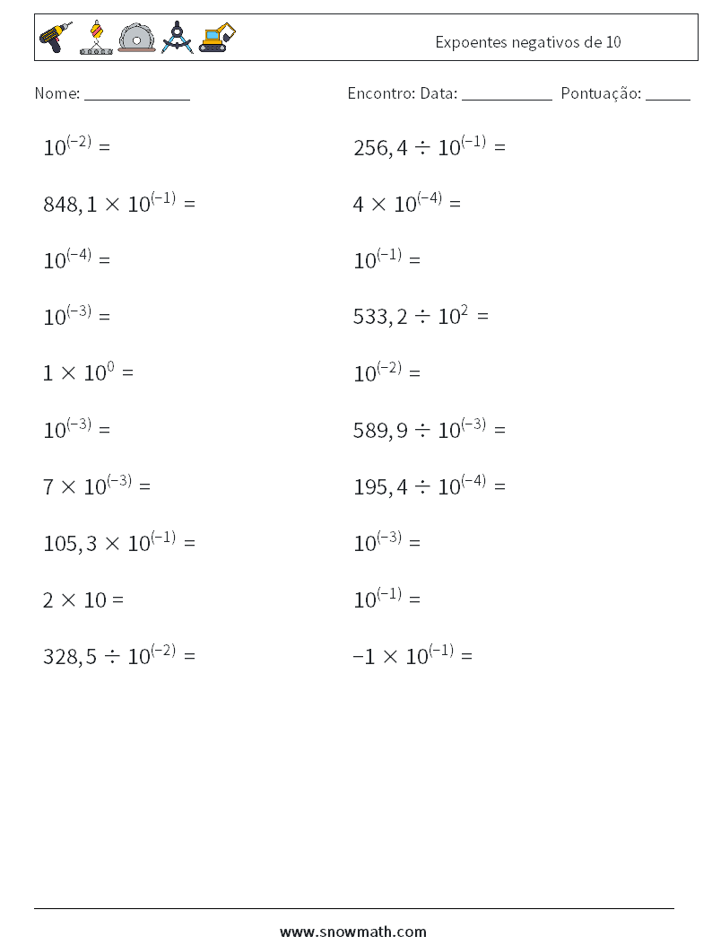 Expoentes negativos de 10 planilhas matemáticas 2