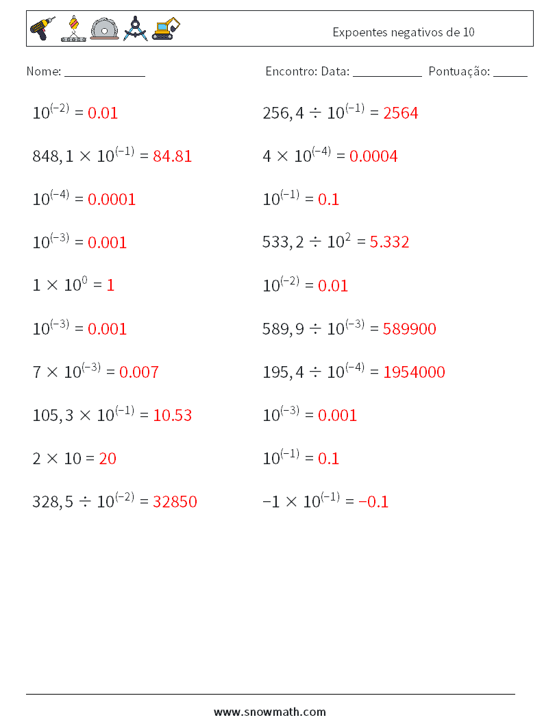 Expoentes negativos de 10 planilhas matemáticas 2 Pergunta, Resposta