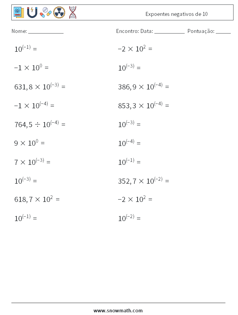 Expoentes negativos de 10 planilhas matemáticas 3